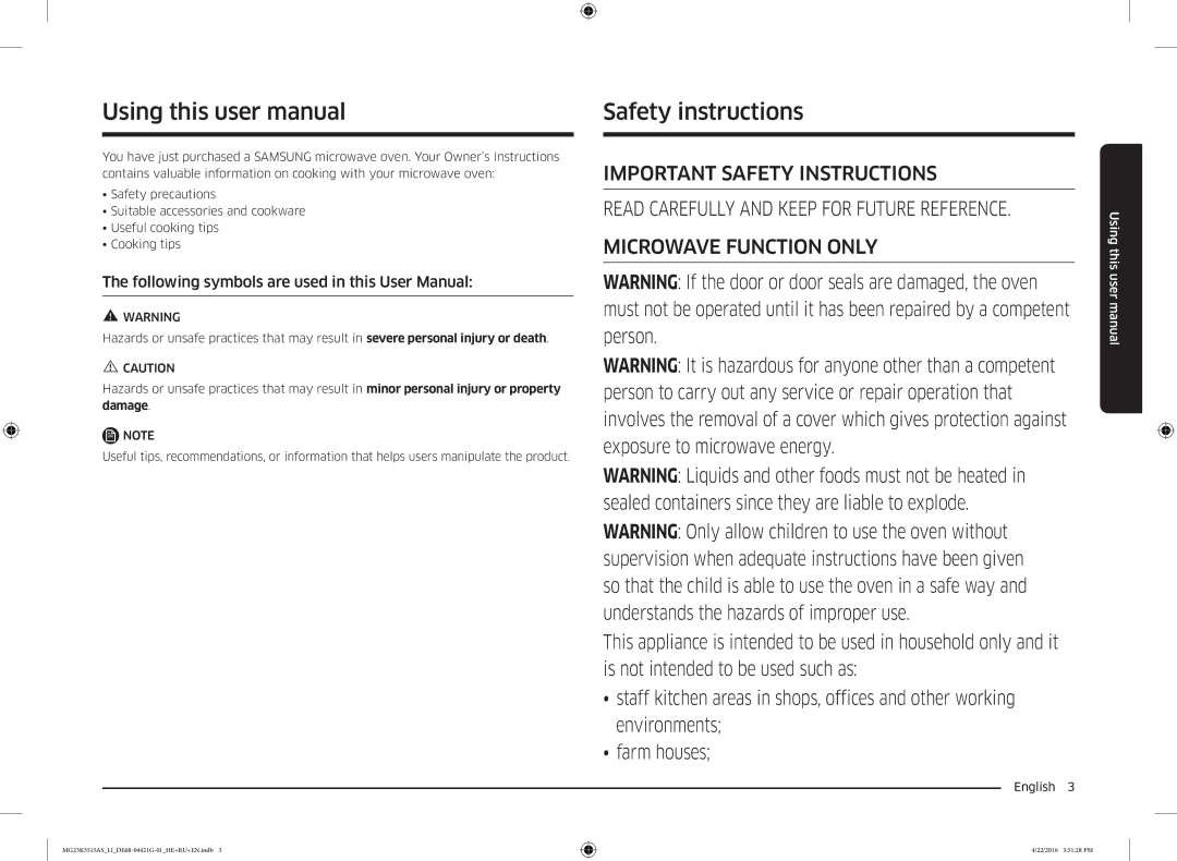 Samsung MG23K3515AS/LI manual Safety instructions, English  